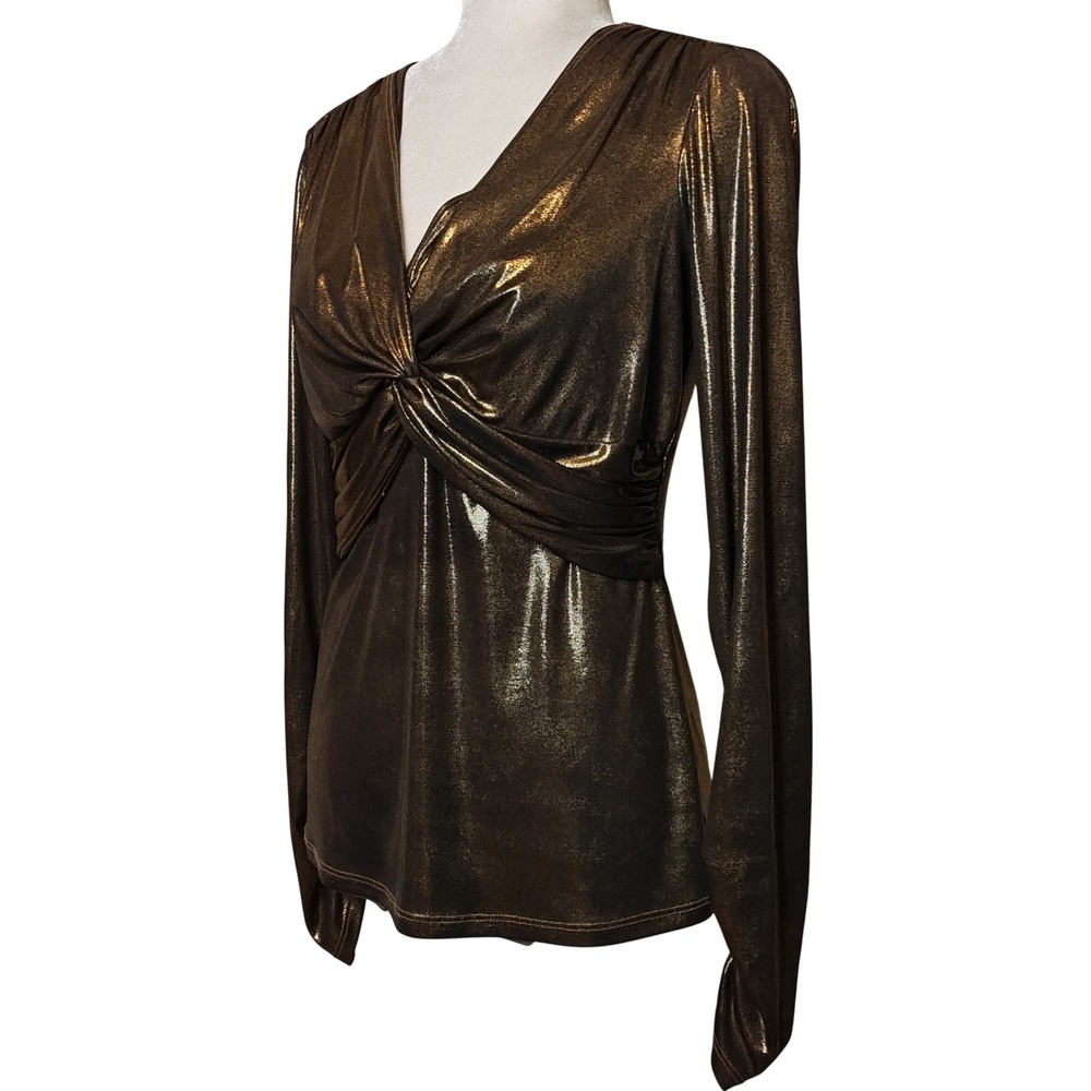 Cache Twist Front Top Womens Med Gold Metallic Long Sleeve V-Neck Shimmer Slinky